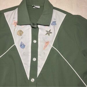 BonWorth Green and White Blouse with Embroidered Sea Shells